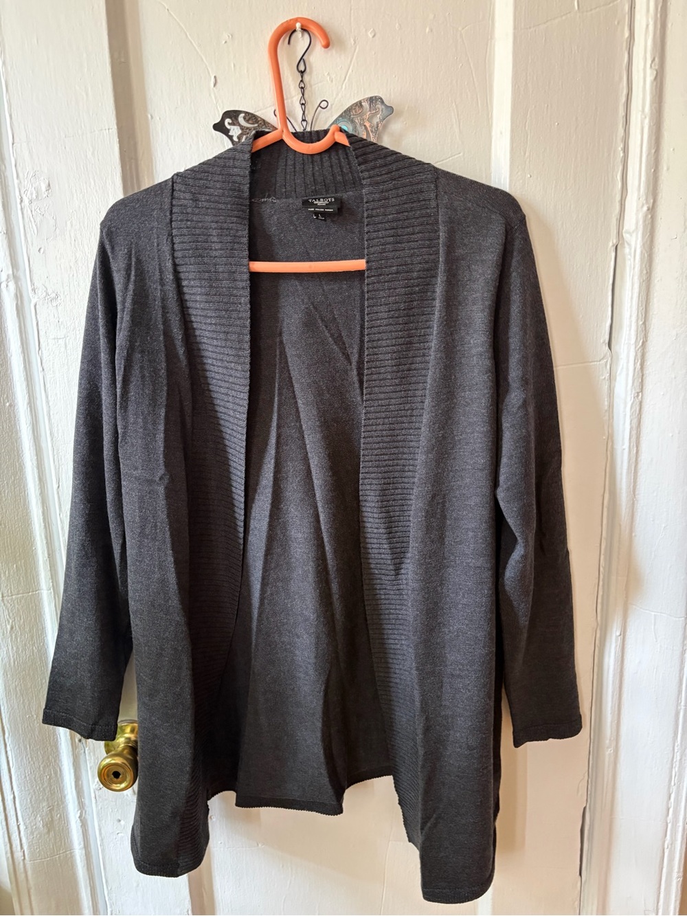 Talbots Dark Gray Open-Front Ribbed Shawl Cardigan